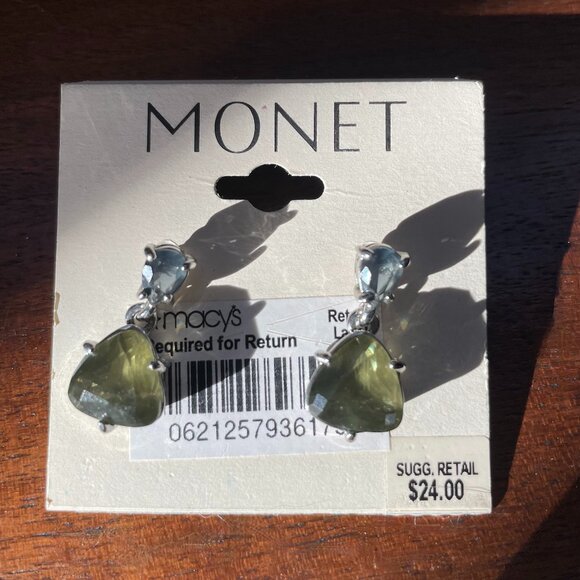 Monet Drop Earrings with Faceted Stones in Blue and Olive Green. - Picture 2 of 4